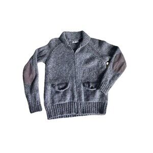 Wallace & Barnes Sweater M Brown 100% Wool Hand Knit Full Zip Cardigan Elbow Pat